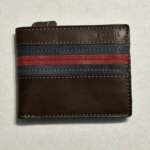 NWT Vintage Fossil Men's Brown Leather Striped Bifold w Zip Coin Pocket Wallet